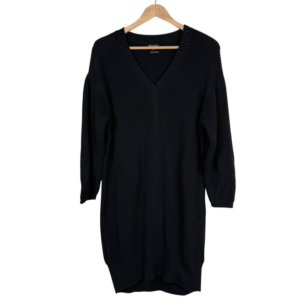 Massimo Dutti Black Ribbed V-Neck Sweater Dress Size M Oversized Cozy Relaxed